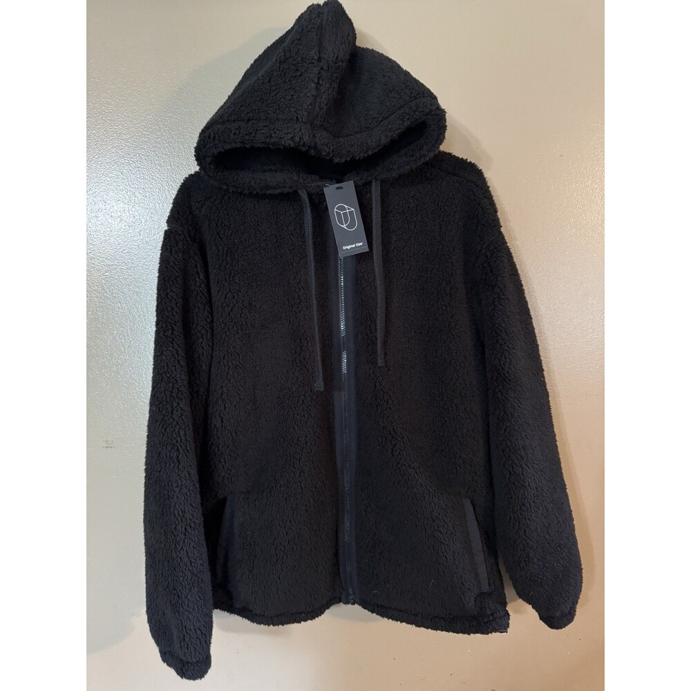 Original Use Polyester Faux Fur Zip-up Black Jacket Hood Size M with Tag Soft